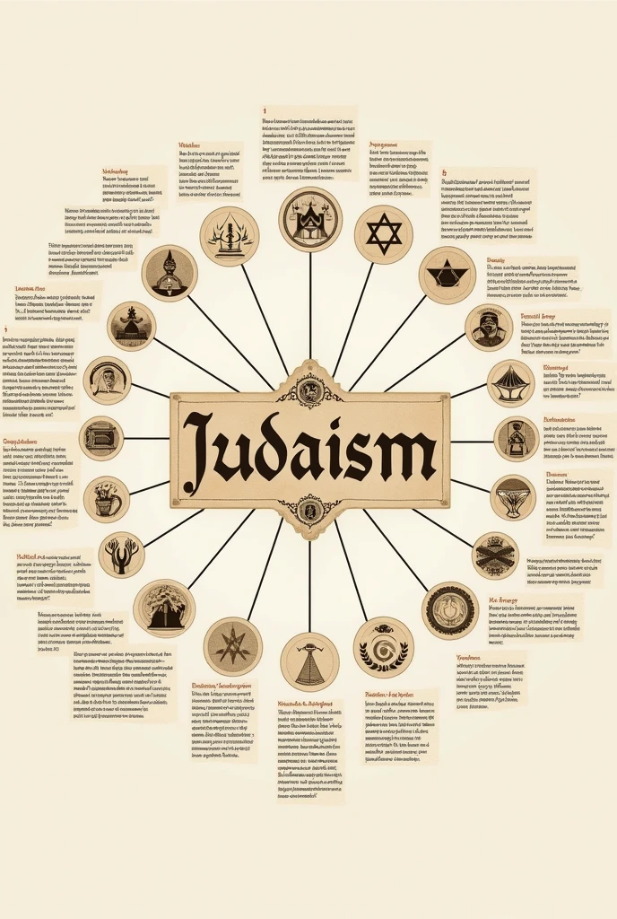 create a mind map image about Judaism with the symbols,and in the middle written Judaisms in letters from the region of Canaan and Judea, besides providing information about Judaism, the image has to be horizontal