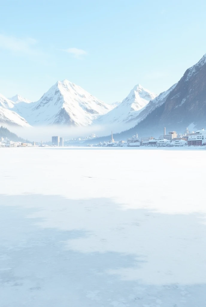 Frozen ground，In the distance are snow-capped mountains，There is a city on the horizon,
