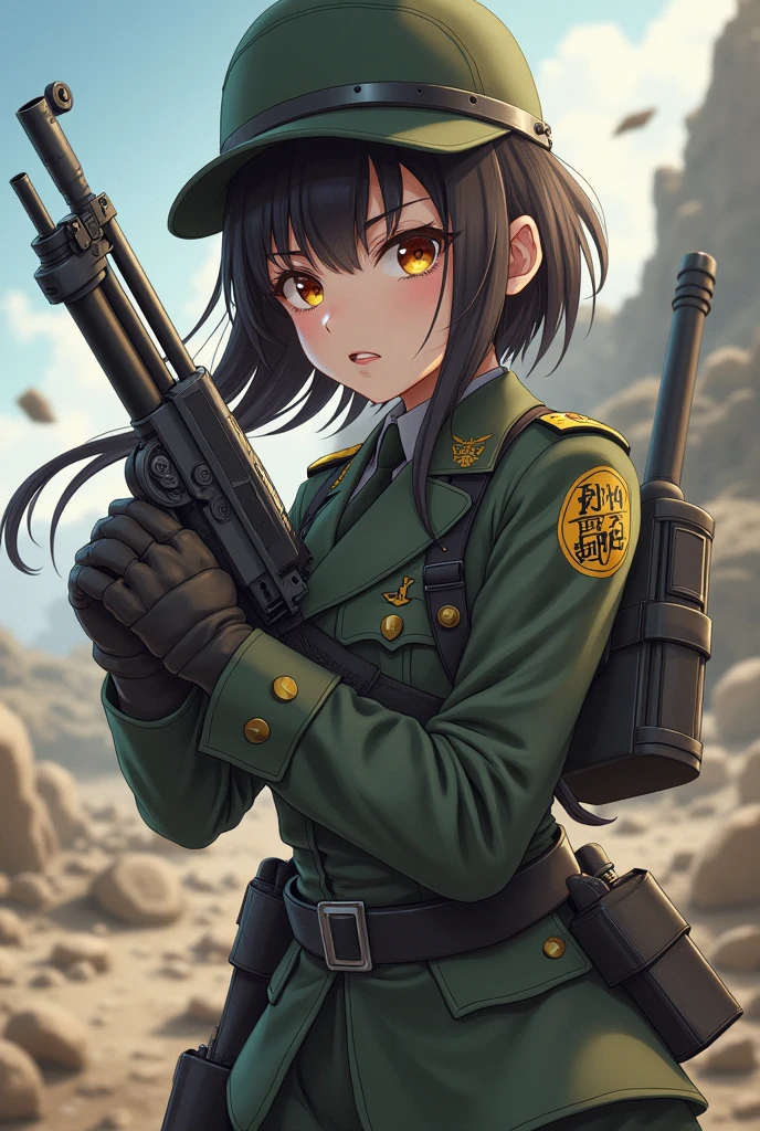 military uniform anime girl with a shotgun