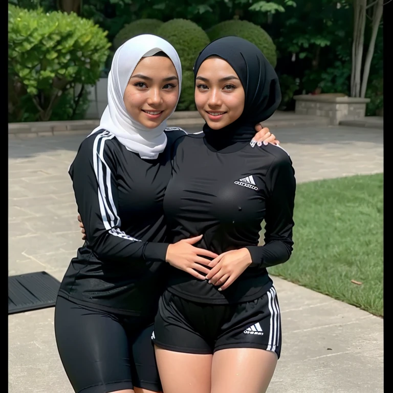 RAW, Best quality, high resolution, Masterpiece: 1.3), Beautiful malay woman in adidas sports outfit wearing bawal style hijab, non naked, wearing jersey outfit, ((2 females, lesbians, grabbing each others breasts, groping breasts)), flawless face, cute face, pretty malay face, beautiful white teeth, Masterpiece, Perfect plump body, full body, big tight breasts, sexy soccer outfit, ((wearing black bawal style hijab, wide and long hijab)), covered in cum, soaked in semen, beautiful big eyes, watery eyes, Soft smile, smiling, breezy, skin details, skin texture details, wide hips, thick thighs, sexy plump body, morning time, laughing, happy, bright sunshine, at football field, blurred background, bokeh, ((white, black and grey outfit, wearing baggy soccer shirt long sleeves, wearing black handsocks, wearing tight shorts, camel toe, wearing black long stockings)), ((standing, cameltoe, sexy legs)), ((hands above breasts)), ((wearing long black gloves))