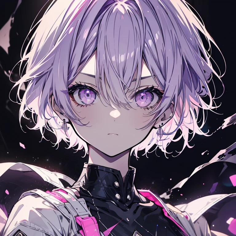 1 person、Mature、Short Hair、short hair、Light purple hair、Outer Honeycomb Hair、Center Part、Pink Eyes、Slanted Eyes、Boyish、neutral、cool、Black costume、Armament、Moonlit Night、Earrings、Serious face、Black Aura、Black Flame、Downtown、Night view、High resolution、Highest quality、