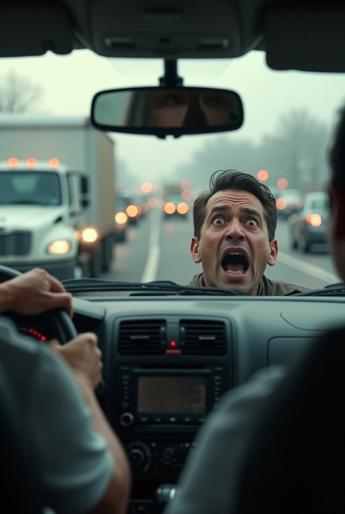 Driver with a look of astonishment in traffic at a ratio of 16:9