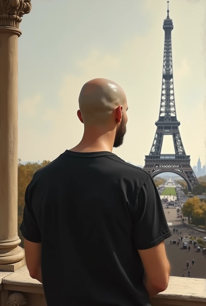 create a Renaissance oil painting style image of a bald man in Paris. he is completely turned away, you can&#39;t see his face,  facing away from the camera, wearing a chic basic black t-shirt.  white in color and the tower away from the full body photo 