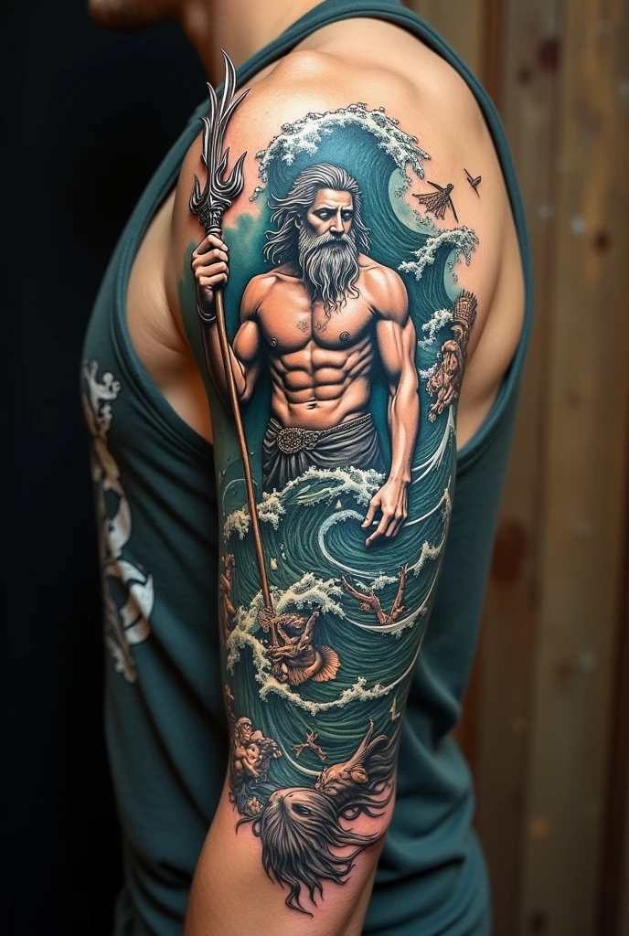 Create a tattoo with the story of Greek mythology on the right arm along with Poseidon