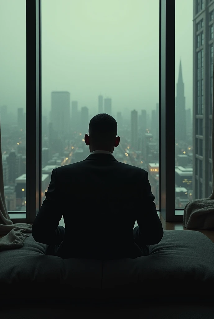 A somber moment with Will Smith sitting alone in a luxurious penthouse, staring at his enormous wealth with a conflicted expression."