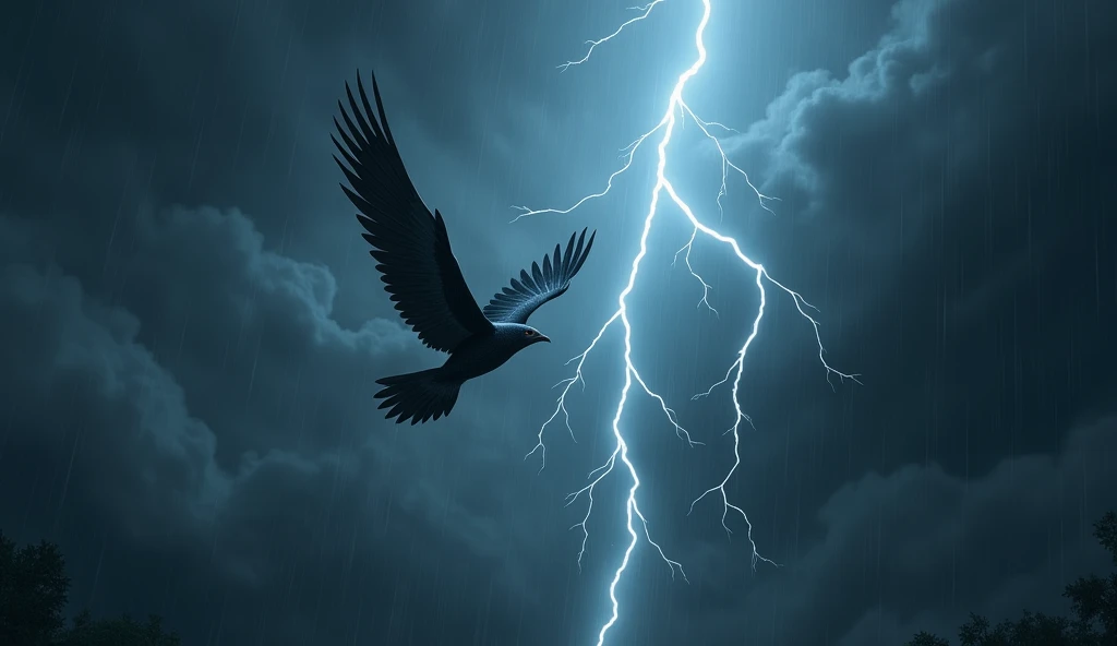 Flying bird in the thunderstorm finding shelter
