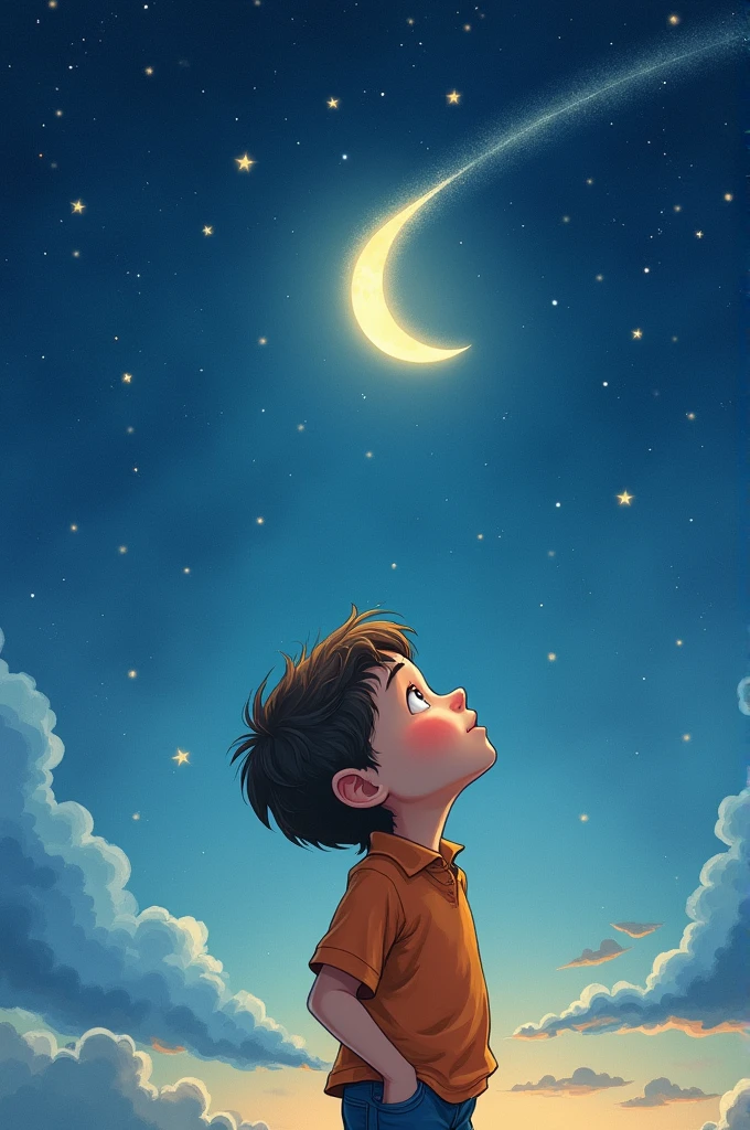 Illustrate a child (boy) looking up at the sky, watching a shooting star pass by. The moon and stars are bright, and his expression is calm and content, as if he feels a sense of closure. Make this a children's book art style. The lighting must be soft. Similar to a watercolor style painting.
