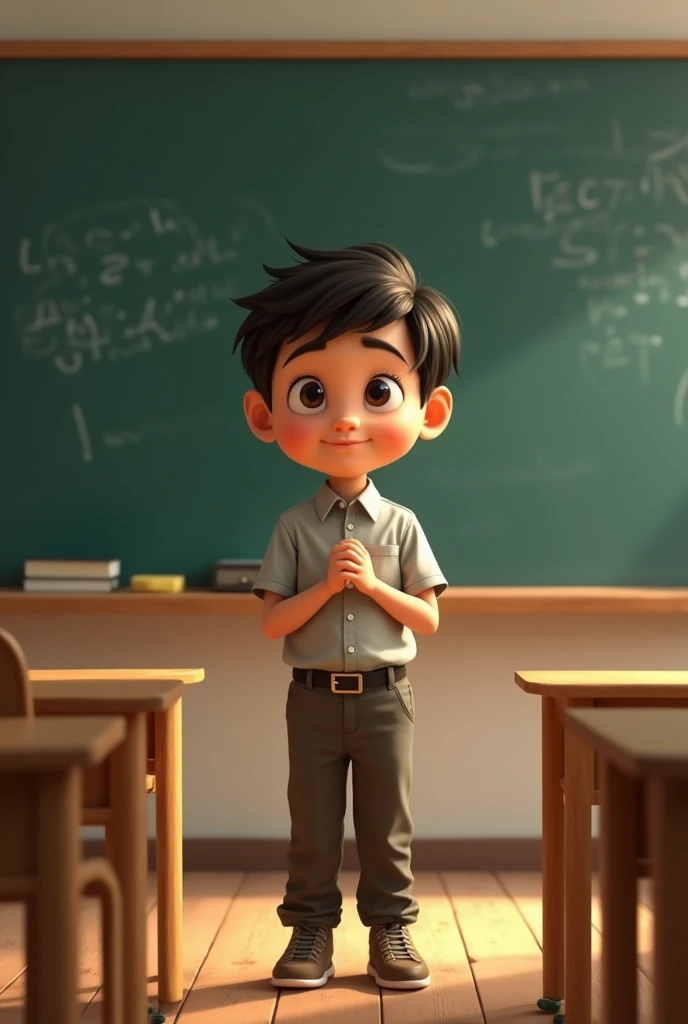 A young boy named Sapling stands in front of the classroom board.