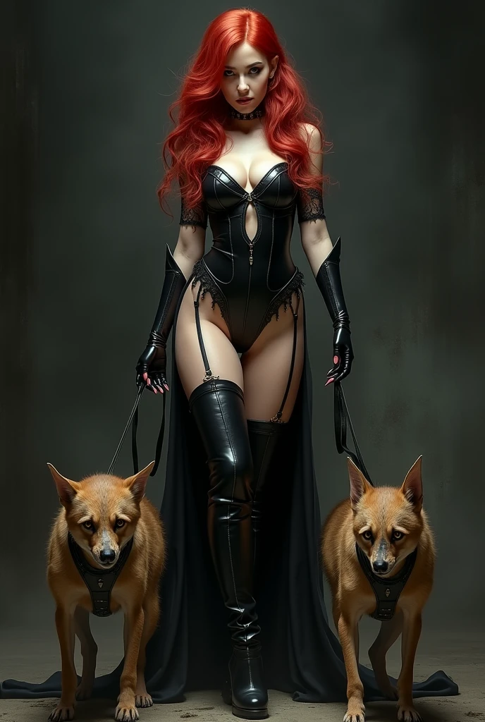 redhead woman in dominatrix clothes holding leash with two goblin like dogs