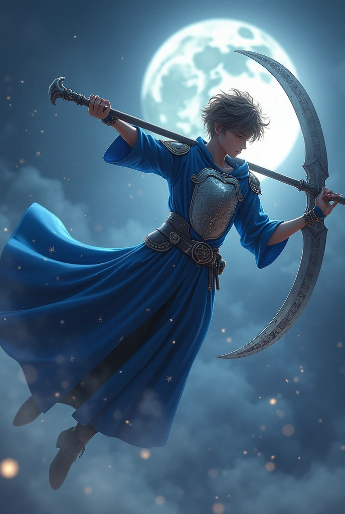 A Handsome Boy Wear a silver Armor Sixpack,use A Long Blue Robe with Star and Moon Pattern,Messy Hair Hairstyle,Brown gradient Grey Hair,Carrying a Big Scythe,Flying at The sky,Illuminated by the moonlight at night,And surrounded by nighttime fog