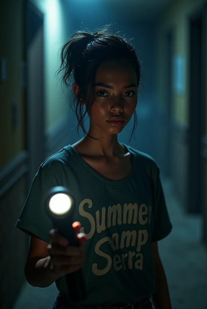 20 year old black woman with styled hair and undercut with a mysterious expression black eyes wearing a summer camp t-shirt with the words Alto da Serra written on it and a flashlight in her hand, kind of dark academia style dc comics style dc comics style