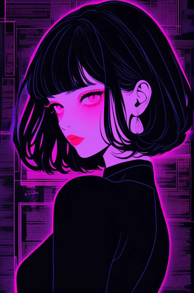 (best qualityer, outline:1.2),realisitic,illustrator,アニメ,1 girl, Detailed lips, preto dress8,personalized, (monochrome dark background),neon hair,textured cut, obra de artistry, classic retro style, dark black, artistry, outline book, (black bob hair:1.75 neon:1.32), Bad women , dark shadows