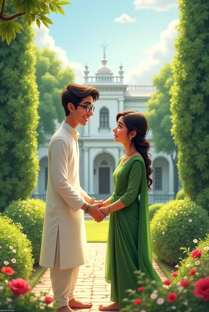 A scene where a thin boy of 22 with facial hairs and thin hairs oblong sttucture thin face wearing glasses in white kurta teasing his wife of 19 in green salwar suits in the middle of the garden of his mansion of white color