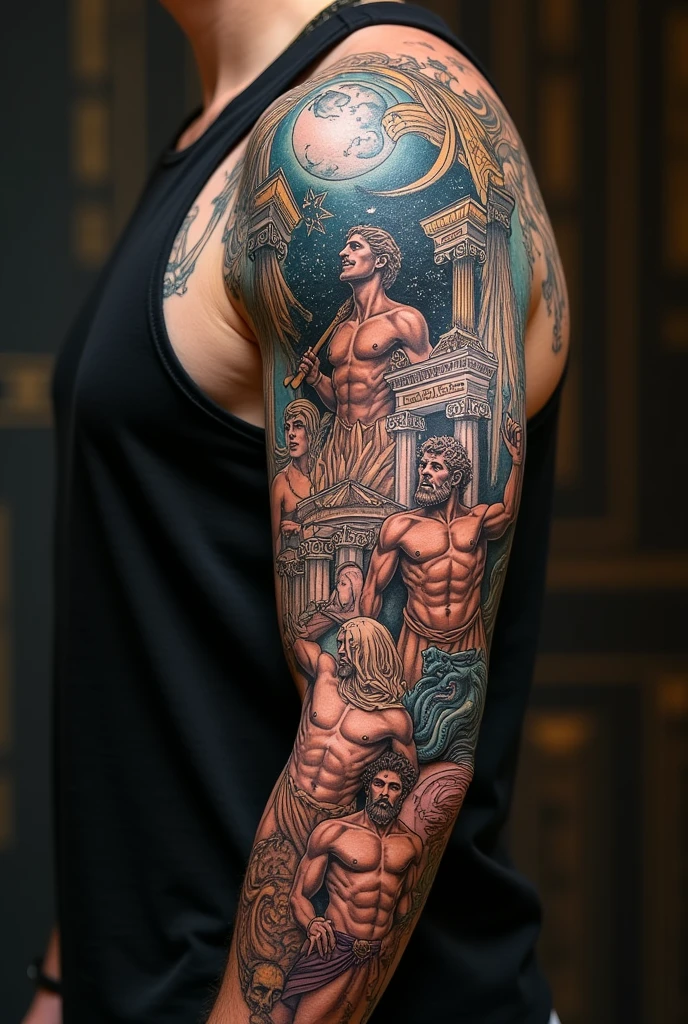 Create a tattoo with the story of Greek mythology on your right arm