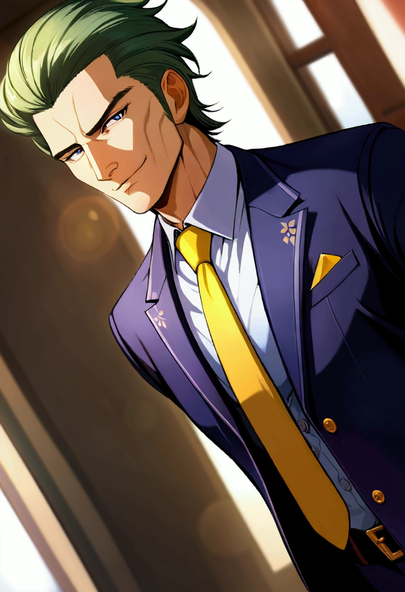 1man, mature father in hentai anime style, dandy president, moss olive hair, darkblue eyes, arafed businessman hairstyle, spiky hair slicked back, ideal ratio body proportions, BREAK over 40s, elder producer, toned dilettante, ordinary, high cheekbones, broad shoulder, square shaped face, handsome, BREAK violet formal jacket, purplewhite shirt, yellow necktie, simple costume, BREAK solid smile, cool emotion, BREAK solo, upperlegs, smart expression, game cg, 2000s, visual novel, in nitroplus style, BREAK depth of field, dutch angle, cinematic shadows, cinematic lighting, lens flare, light leaks, texture, absurdres absolutely resolution, extreme all detailed, greatest painting, BREAK masterpiece, best quality