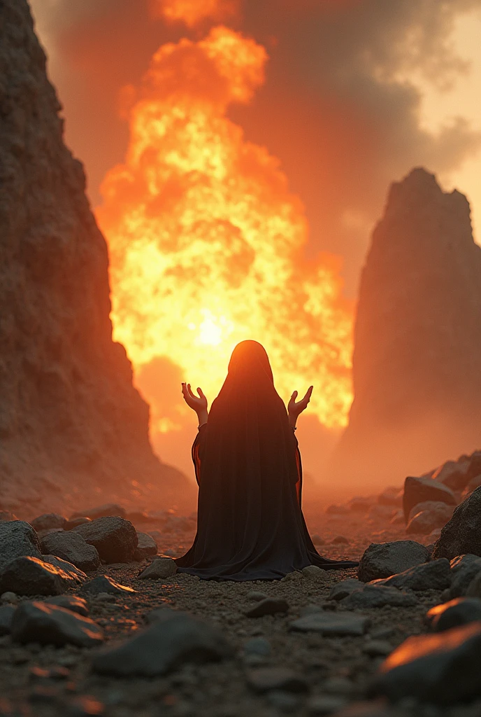 (photorealism:1.2), (epic realism), HDR fokus, beautiful moslem woman, begging to the god she is sitting on the rocks, some of the rocks exploded, smokes, sunset lights