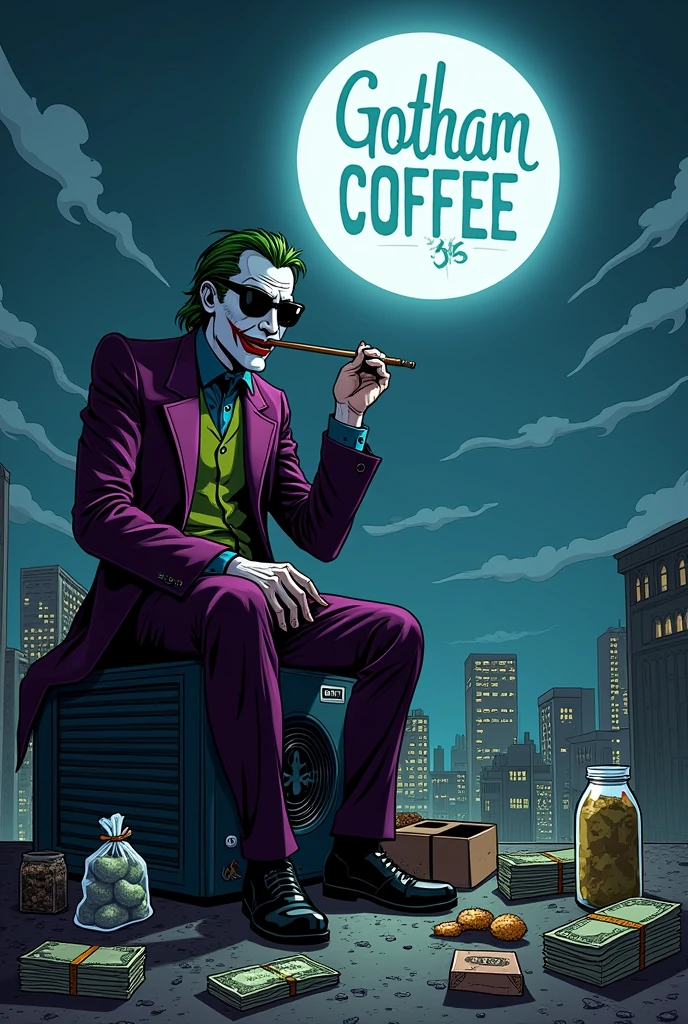 gotham city la nuit avec un projecteur sur un toit qui projette une projection dans le ciel ou il y'a un rond blanc avec ecrit gotham coffee35 dedans avec une feuille de canabis en blanc et il y'a le joker assis sur le projecteur avec une paire de lunette noir qui fume un cigarre et a coter de lui des des petits sac et boites rempli de différentes sorte de cannabis et des liasses de billet par terre et de résine de cannabis en cartoon