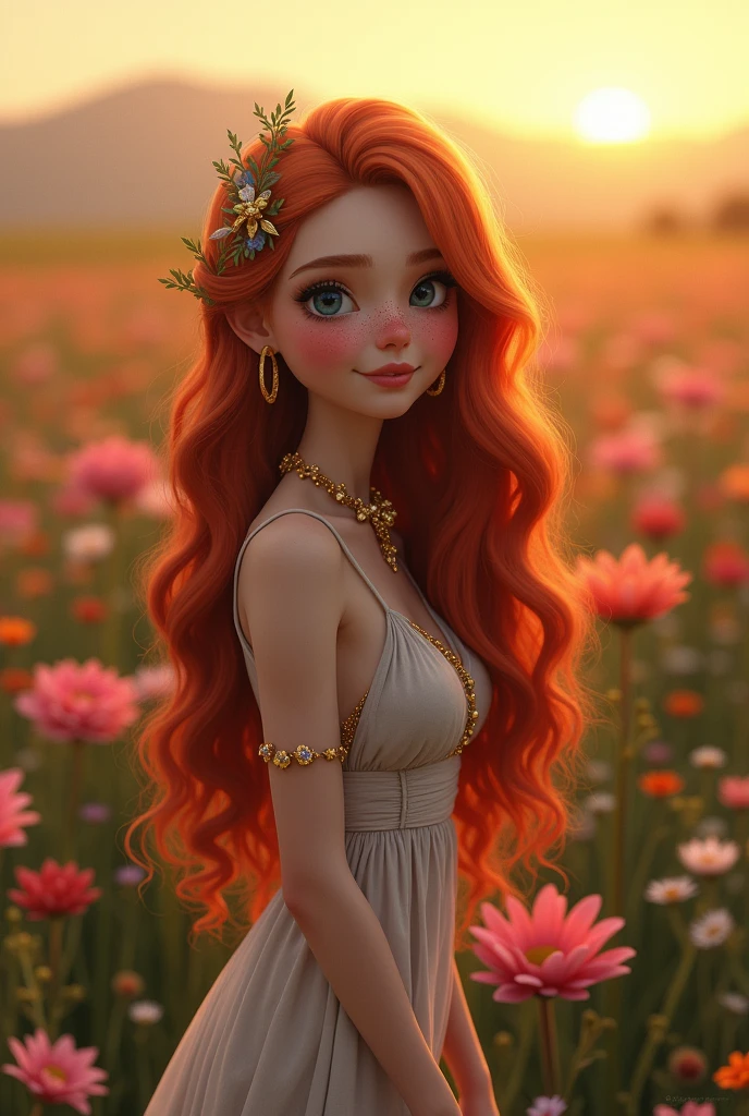  white with some freckles,long wavy red hair, with bangs, dark blue eyes with long eyelashes, Grinning, body skinny, with long dress, wearing black heels, wearing a gold bracelet, with a golden flower necklace, in a field of flowers at sunset