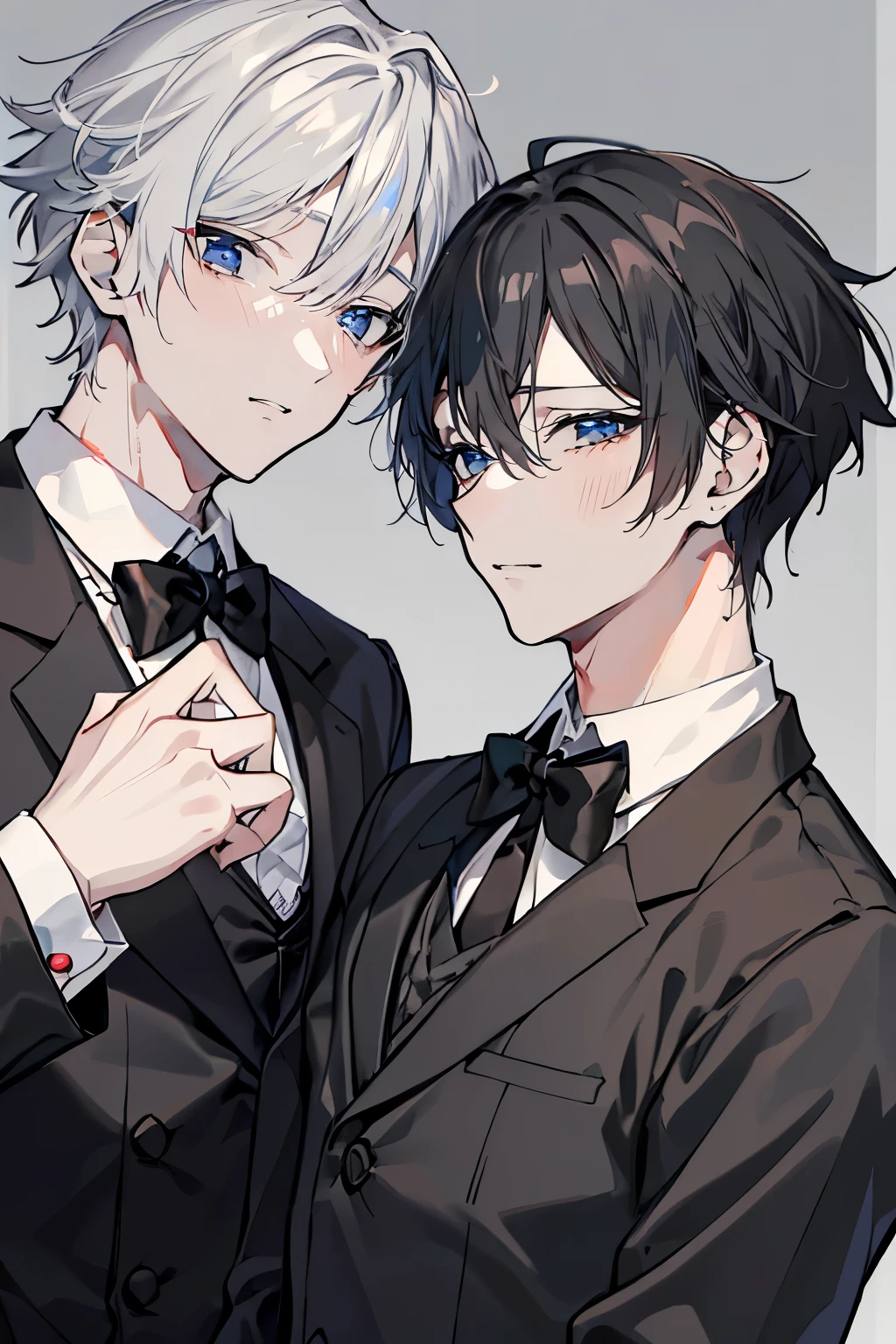 (Mastepiece)、(Best Quality)、Very detailed、((Two butlers:1.5))、Perfect Face、Beautiful Face、Very detailedな顔、(Black-haired man:1.3)、(Grey-haired man:1.3)、Deacon&#39;s uniform、(monocle:1.3)、(Wearing white gloves on both hands:1.3)、Smiling face