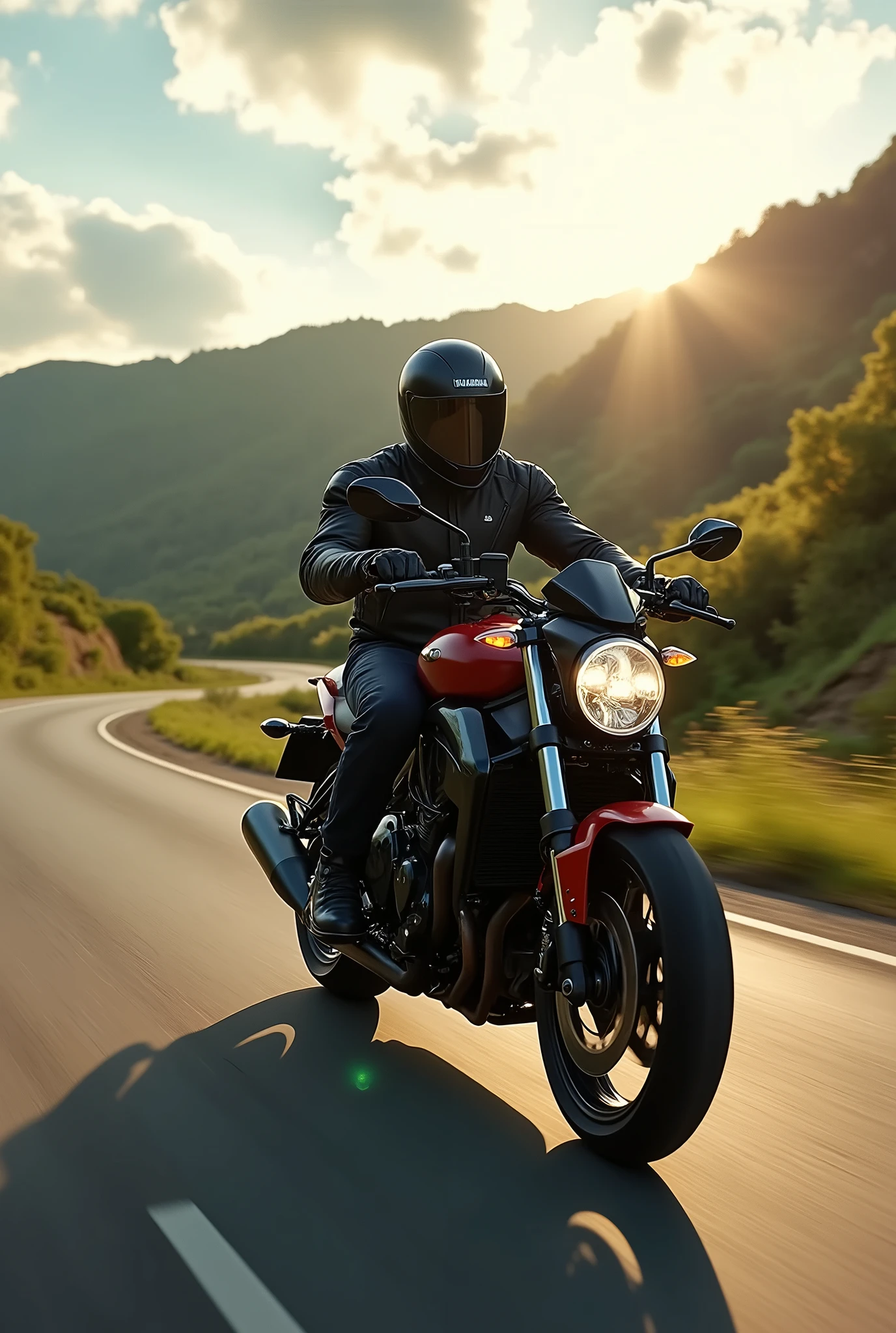 A biker with full protection gear, yamaha VMax 1000cc bike, crusing on a hilly highway, dawn time, sun through clouds, spring season