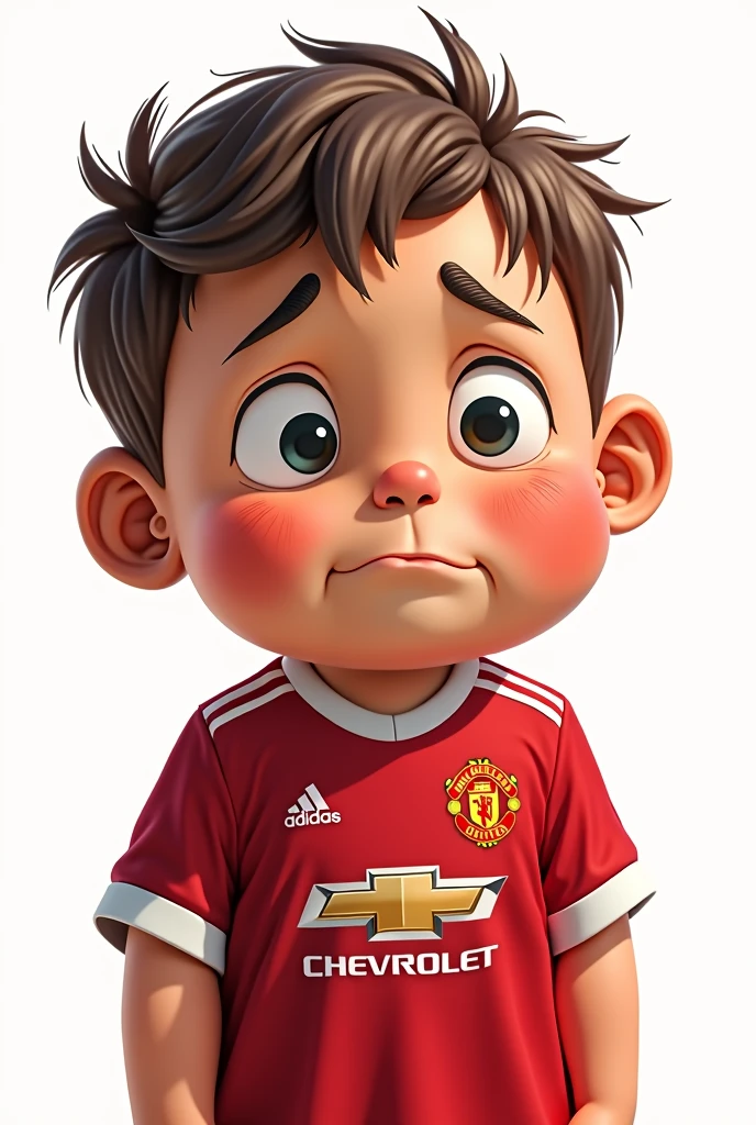 Illustration: A cute little chubby boy wearing a Manchester United shirt shows a sad expression in a funny, realistic style with a white background