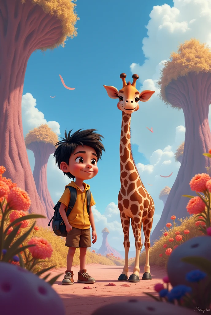  Latino boy with his giraffe on a strange planet drawing pixar style 