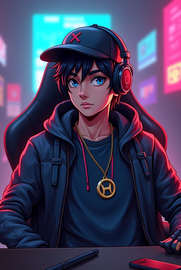 A youtube logo named "ARUNAKANTI GAMING" , a very smart young fighter with hat and nice game like cloths, some mix colored background, some kinds of weapon used in gameplay, half body , with gaming headphones, seated in a gaming chair 