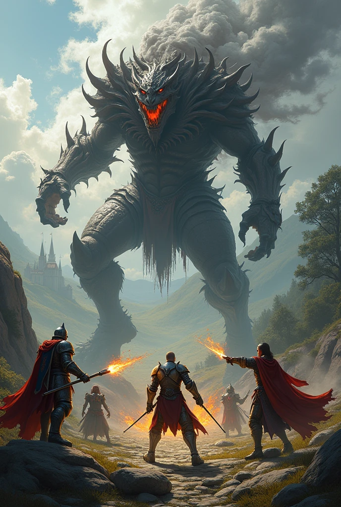Create a medieval wallpaper with a Knight blocking a Large Demon, a ranged Paladin attacking this Demon, a Sorcerer attacking the Demon and a Druid healing the warriors.