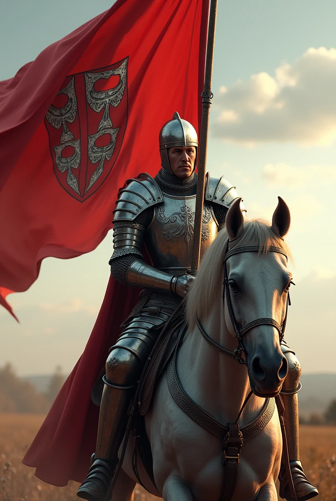 Un chevalier sur son cheval portant un oriflamme portant les armoirie de France et celle ci : De gueules à la rivière ondée d'argent en fasce, chargée de 3 cannes de sable.