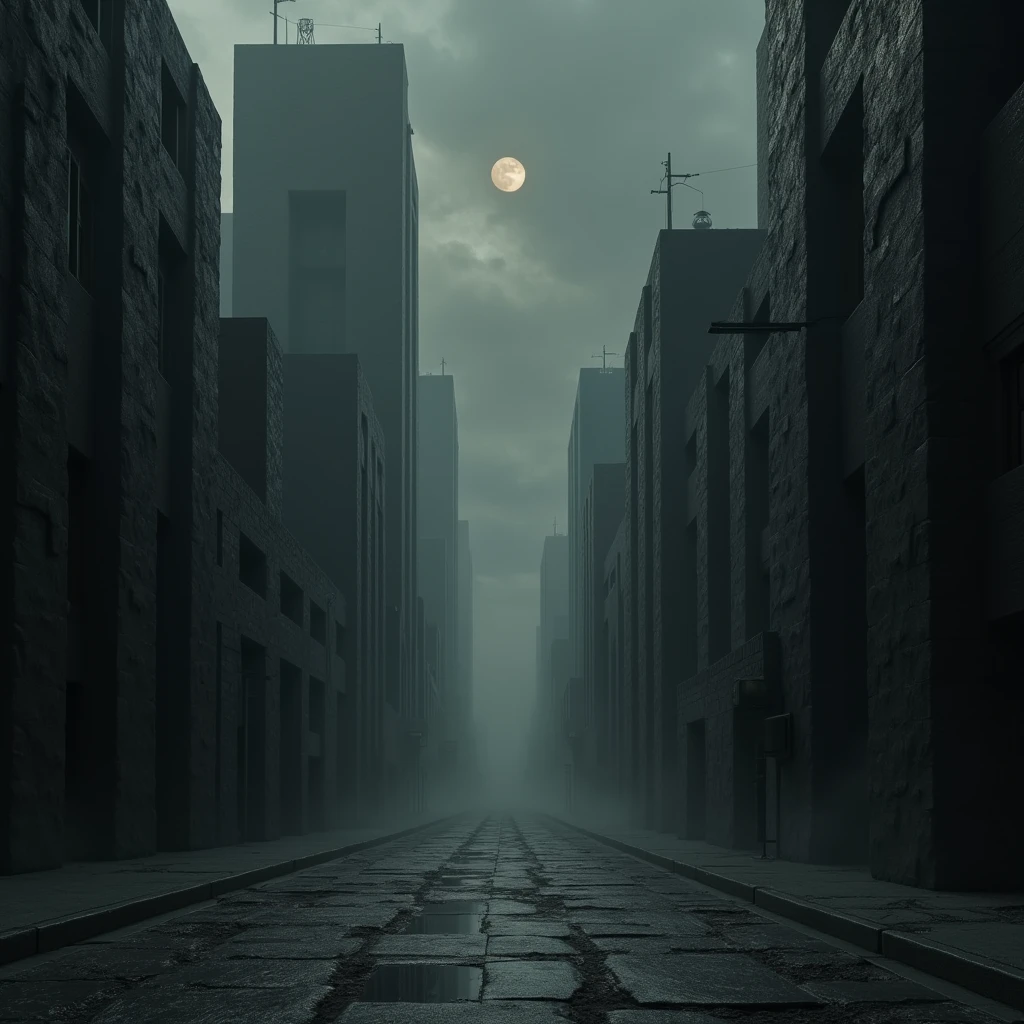 The dread city of Carcosa, street-level view. The buildings are cyclopean structures of black stone. In the gray sky above shine black stars.
