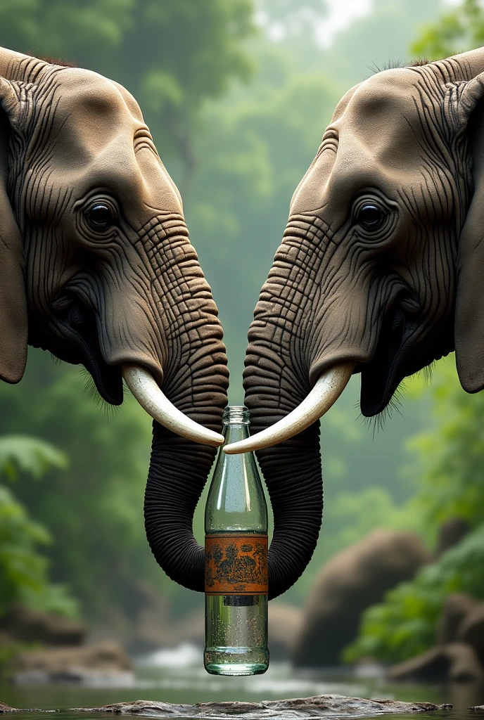 Two elephants drinking water from same bottle