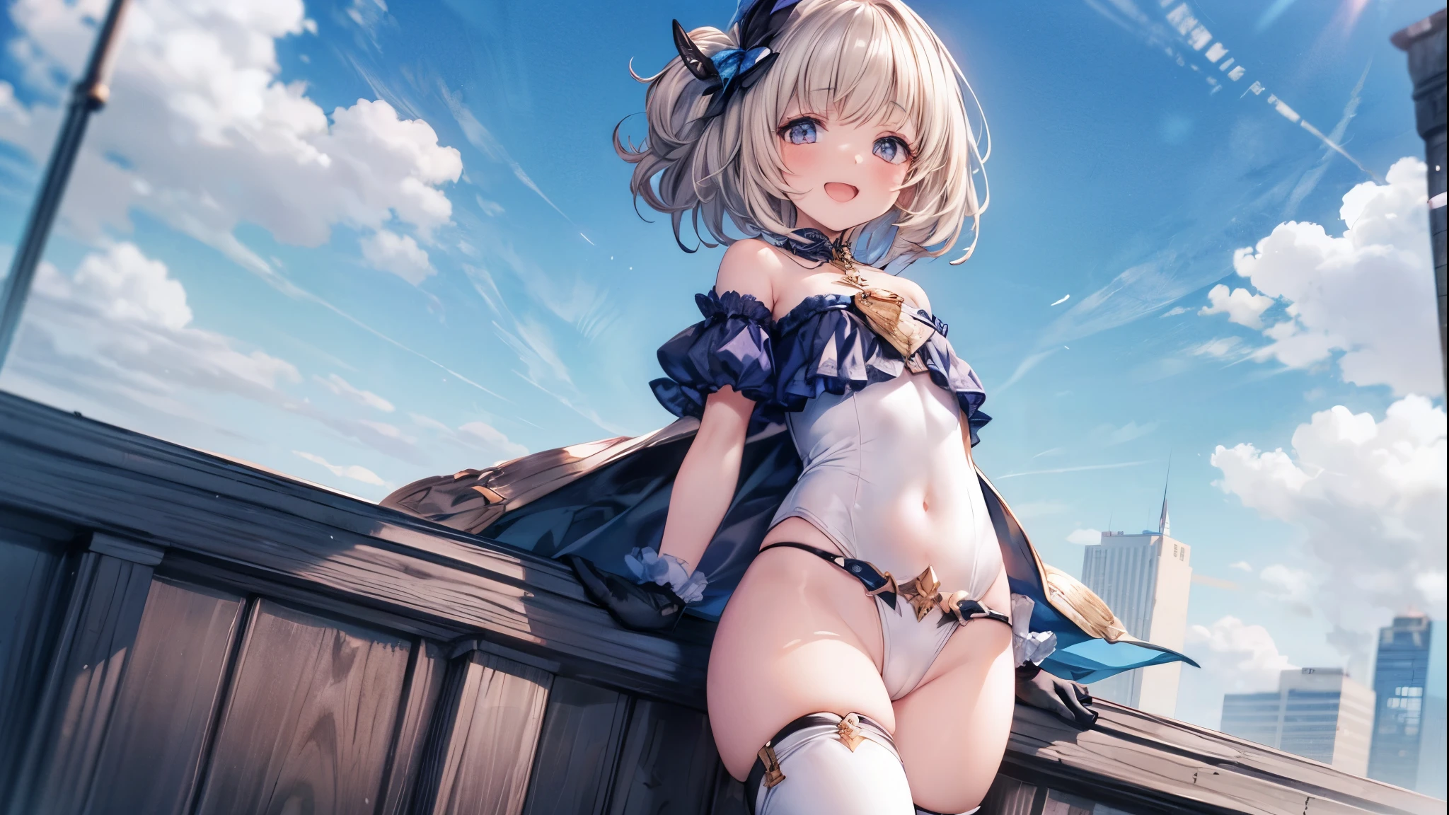 GRANBLUEfantasy,ung_teeirl,brown_hair,medium_bob_hair,platina_blond_hair,white_leotard,covered_crotch,thigh-highs,smile,standing,bluesky_landscape_background,slightly_spread_legs,happiness, short_gloves ,solo, r18, navel,relicbuster,short,boots,open_mouth,sitting,knees,blush,shy,piledriver,(crotch:1.3),solo,