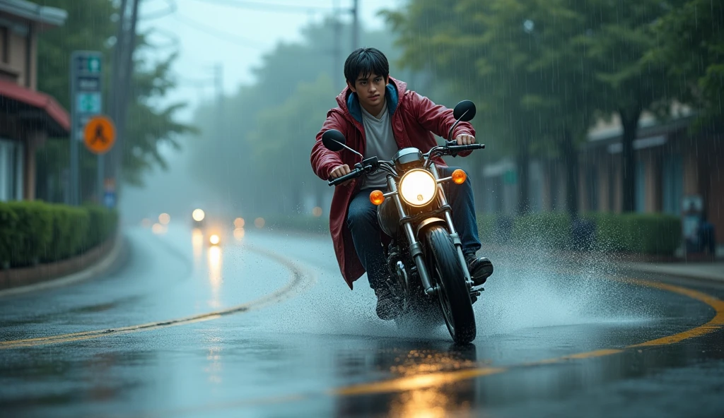 During the rainy season, there was a street corner with many curves in the university area. There was often a tall, slim man with short dark hair, wearing a raincoat and a white shirt underneath, riding a motorcycle into a curve and frequently tapping the brakes. The motorcycle's worn brake pads made tire marks on the road every time he braked. The brakes that were wet with rainwater made noises and the motorcycle's tires rubbed against the rain-soaked road.