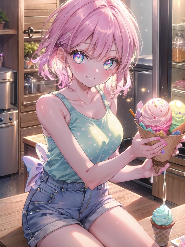 ((8k, Highest quality, masterpiece: 1.3)),Ultra-high resolution,(1 girl, alone), (Color changing eyes, Ultra-detailed, Expressive brilliance, Glitter, Glowing Eyes), Highly detailed eyes, Highly detailed face, Random Hair, ((pastel colour)) The woman is sitting on the kitchen counter, dressed in a loose tank top and shorts, holding a bowl of ice cream. She’s looking at the camera with a mischievous grin, as if caught in the act of indulging in a late-night treat. The kitchen is dimly lit, with only the refrigerator light providing a glow.