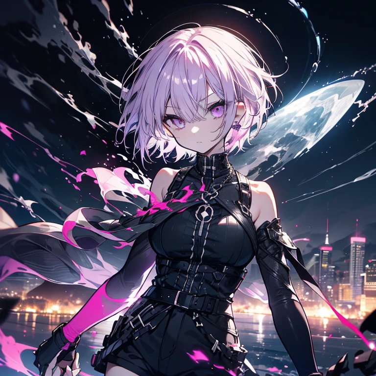 1 person、Mature、Short Hair、short hair、Light purple hair、Outer Honeycomb Hair、Center Part、Pink Eyes、Slanted Eyes、Boyish、neutral、cool、Black costume、Armament、Shorts、Moonlit Night、Earrings、Serious face、Black Aura、Black Flame、Downtown、Night view、High resolution、Highest quality、
