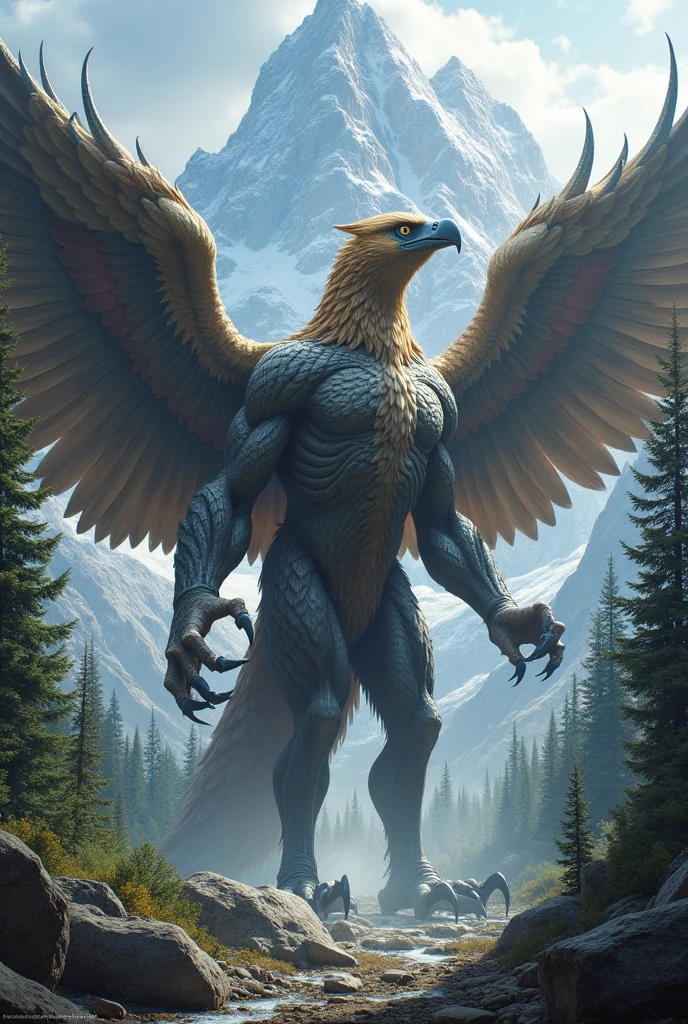 Eagle-headed humanoid titan, large wings and long claws, in the background Mountains and forest