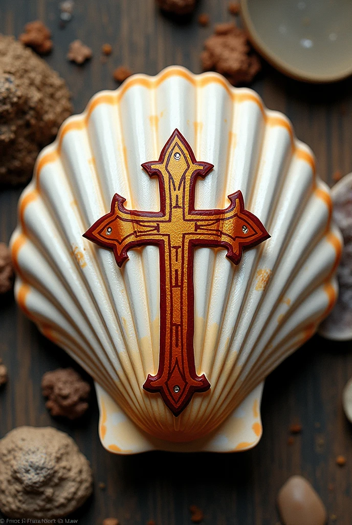 Scallop shell painted with the Franciscan Order logo