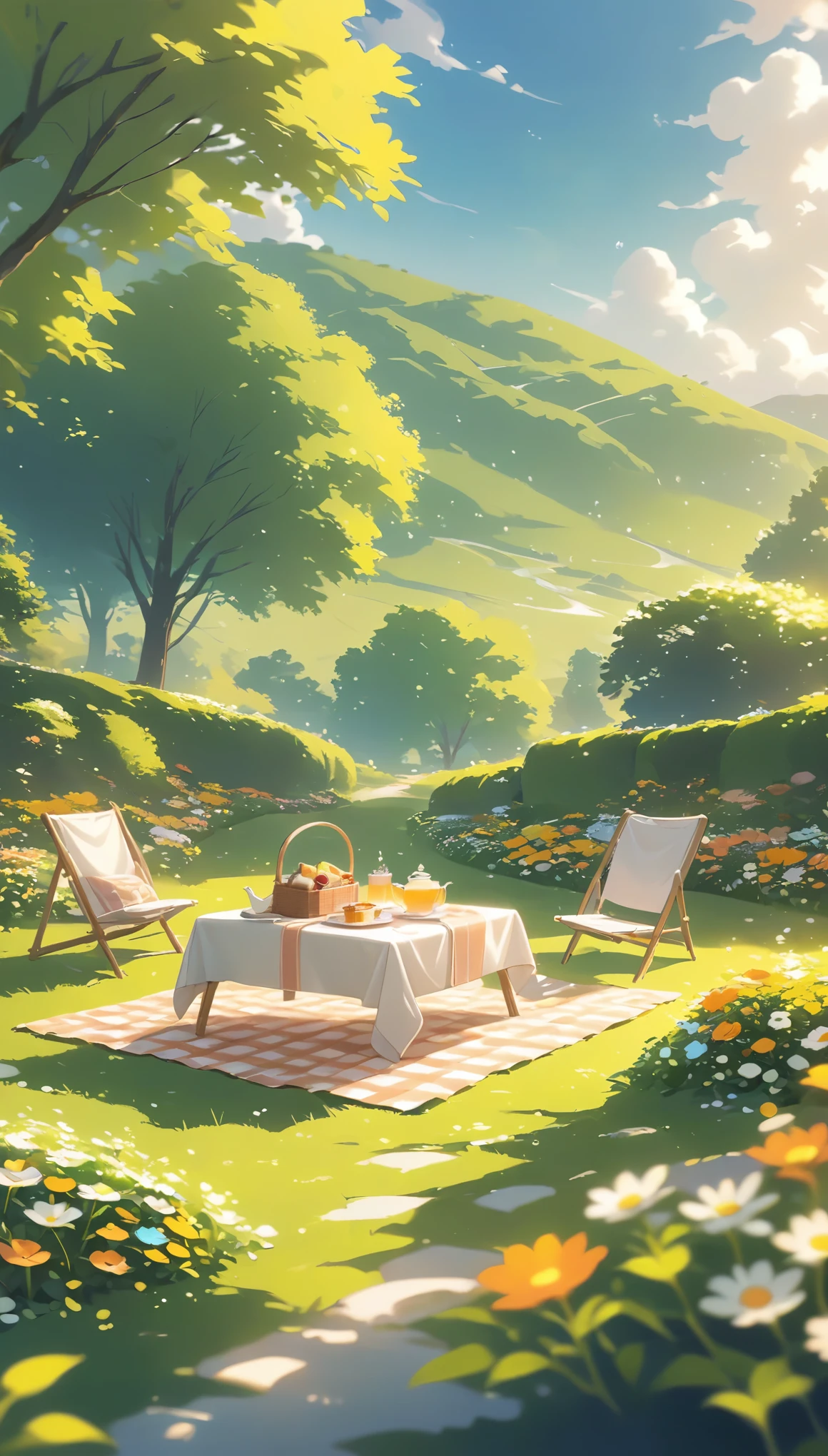 Panoramic view, afternoon tea, Warm flower garden,Pink orange ,picnic , There are no human characters.,No people