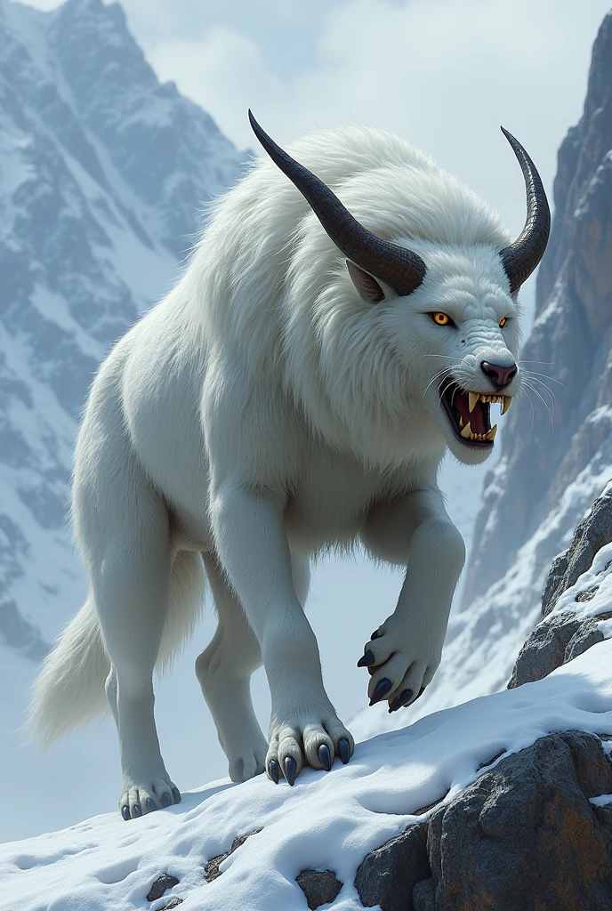 Steepstalkers are ferocious creatures that inhabit the highest regions of the mountains.. They resemble Oreamnos americanus, but they are even more threatening: have forward-facing horns, lower fangs that project slightly outward, paws agile like those of a feline, and a dense white coat that allows them to camouflage themselves perfectly in the snow.