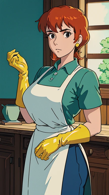 (1girl, dextersmom), (extremely detailed CG unit 8k wallpaper),(master part), (best quality), (ultra detail), (best illustration),(ghibli style), cowboy shot, (Sharp eyeliner, ombre, detail eyes:1), indoors, kitchen, window , break , (GHIBLI_Background), upper body, gloves, apron, jewelry, pants, shirt, 