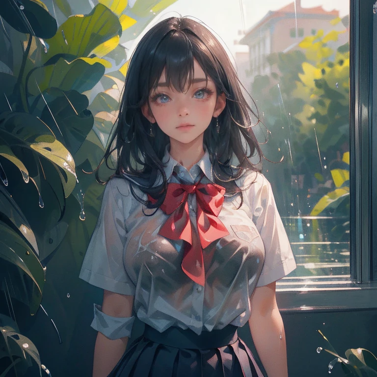 Anime Waifu beautiful detailed eyes, beautiful detailed lips, extremely detailed eyes and face, longeyelashes, 1girl, sensual, young woman, medium breasts, beautiful feminine face, nice thighs, slim, sexy, erotic, beautiful clothes, perfect body, cinematic lighting and framing, (best quality,4k,8k,highres,masterpiece:1.2),ultra-detailed,digital painting,portrait,glamorous,highly detailed,soft lighting,warm color tones , (beautiful girl: 1.3),1girl,masterpiece, Highest quality, Ultra-high resolution,rich contrast,super high quality,8k,Highly detailed CG unit wallpaper,texture,Incredibly absurd,Ultra-high resolution,RAW Photos,Depth of Field 1.2,overlooking,(magnificent panorama view:1.3),(High School Uniform&Pleated skirt:1.5),Black Hair,Crown braid,Ultra-detailed eyes,(sensuous),Glowing Skin,loafers,leaves dripping with rain,sunlight through trees,post-rain aroma,Her jacket is open and her breasts are exposed,blush,Sigh,look up,(((Wet))),((Large Breasts)),After the Rain,pencil drawing
