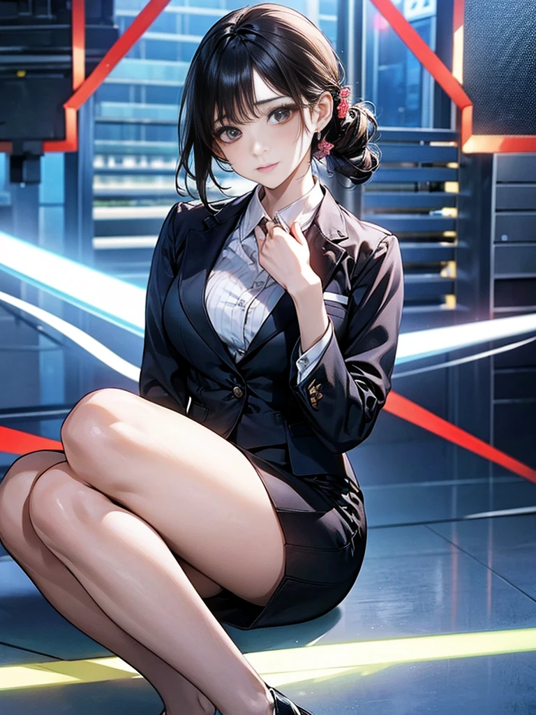 One adult woman with narrow eyes,career woman,Office Lady,Business suit,ブラウス,Jacket,ribbon,Tight skirt,pumps,lawyer,cool,gauze, Chanel,Forehead,Anatomically correct, accurate, masterpiece, Highest quality, Winner of numerous awards, Textured skin, retina, retina, Black Hair, Half-up hairstyle, solemn, Column Lineup,Cinematic light effects, Anime Style, Japanese illustration style, Half-up hairstyle, Very adult