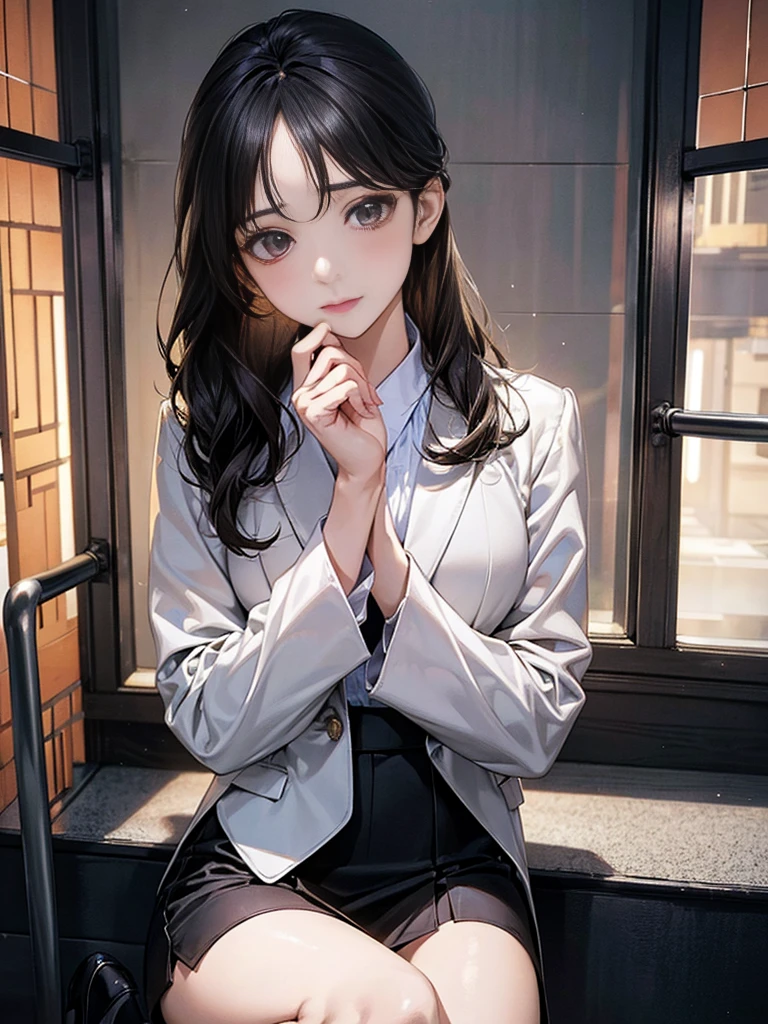 One adult woman with narrow eyes,career woman,Office Lady,Business suit,ブラウス,Jacket,ribbon,Tight skirt,pumps,lawyer,cool,gauze, Chanel,Forehead,Anatomically correct, accurate, masterpiece, Highest quality, Winner of numerous awards, Textured skin, retina, retina, Black Hair, Half-up hairstyle, solemn, Column Lineup,Cinematic light effects, Anime Style, Japanese illustration style, Half-up hairstyle, Very adult