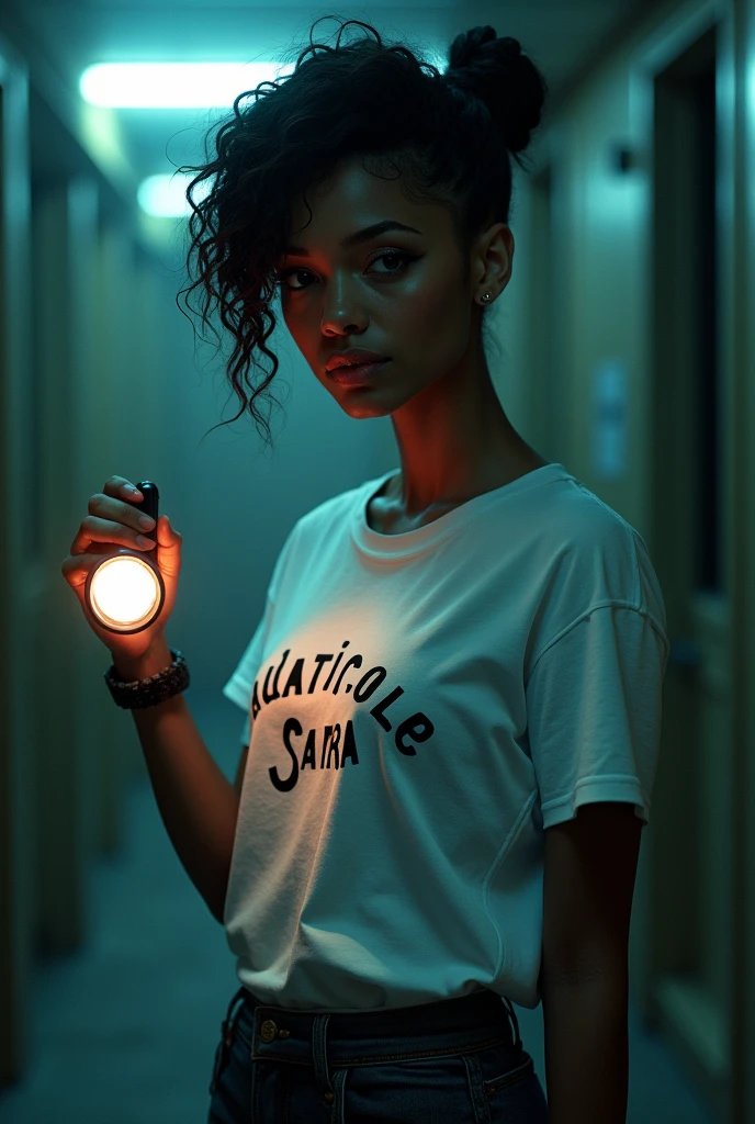 20 year old black woman with styled hair and undercut with a mysterious expression black eyes wearing a white summer camp t-shirt with the words Alto da Serra written on it and a flashlight in her hand, kind of dark academia style dc comics style dc comics style