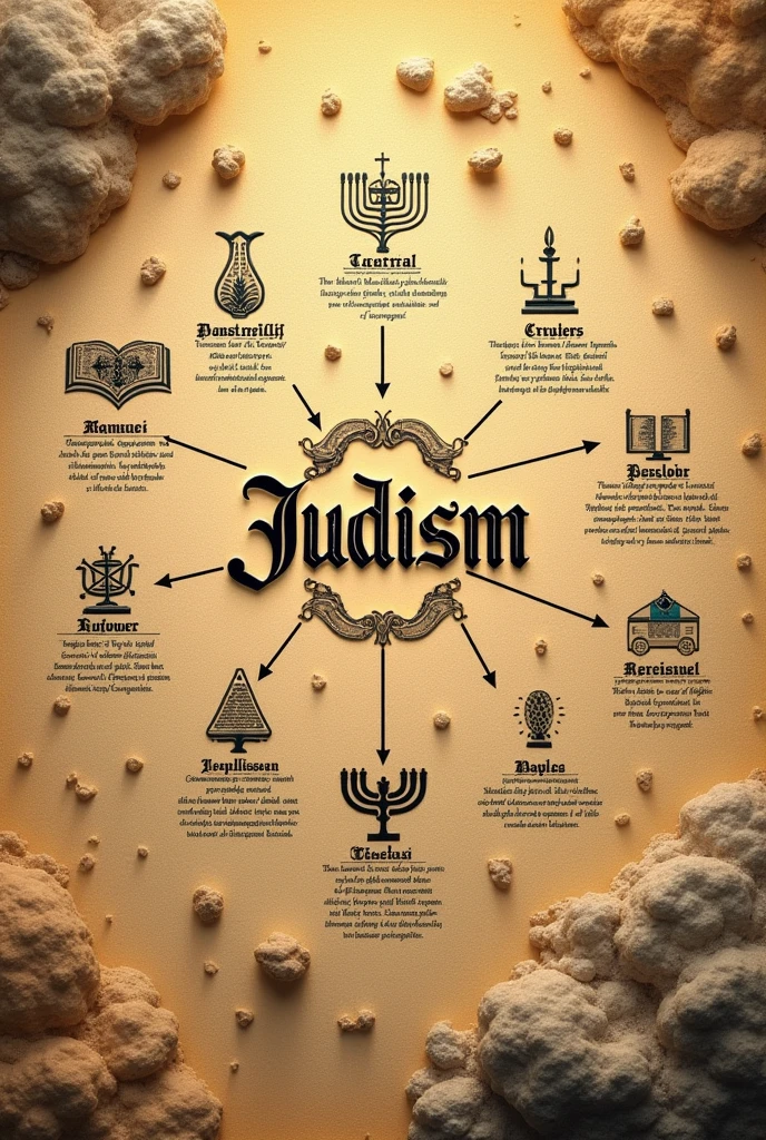 create a mind map image about Judaism with the symbols,and in the middle written Judaisms in letters from the region of Canaan and Judea, besides putting information about religion