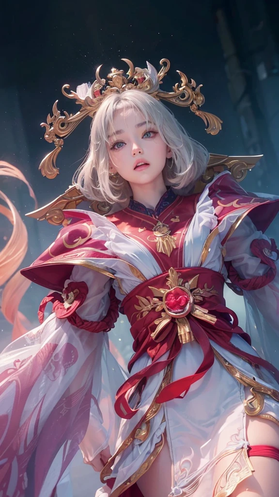 (Ultra Real), (Illustration), (High Resolution), (8K), (Very Detailed), (Best Illustration), (Beautiful Detailed Eyes), (Best Quality), (Super Detailed), (Masterpiece), (Wallpaper), (Detailed Face), Solo, (Dynamic Pose), One Girl, White Wavy Hair on the Bed, Losing Clothes, Japan Person, Iris Colored Eyes, (((Very Thin, Small and Short Night Dress)), Medium breasts, long legs, best ride of legs, (without panties), (without bra)