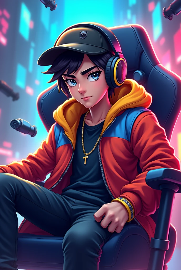A youtube logo named "ARUNAKANTI GAMING" , a very smart young fighter with hat and nice game like cloths, some mix colored background, some kinds of weapon used in gameplay, half body , with gaming headphones, seated in a gaming chair, waring colord jacket