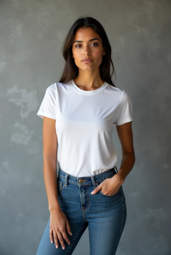 beautiful latin woman,  standing straight facing forward,with white t-shirt, denim jeans pants, on a greyish background, cotton t-shirt texture, fitted t-shirt, round neck, striped tights. Medium camera shot.
