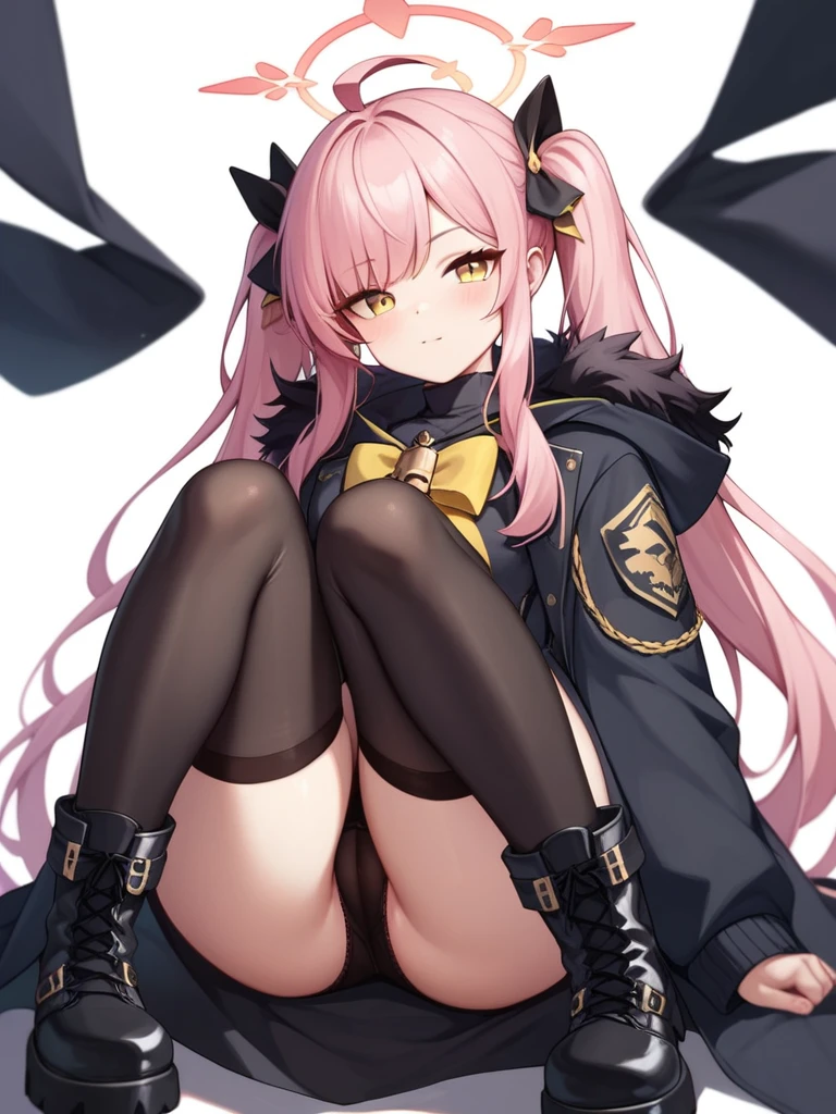 \(blue archive style\), yellow eyes, light pink hair, long hair, twintails, side bangs, black winter dress 2:1 with fur, cloak, yellow halo, feisty eyes, furrowed eyebrows, pouty, black stockings, black boots with fur, white background, good quality