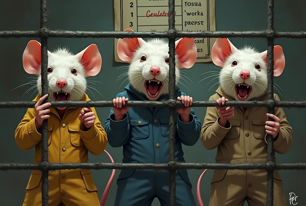 Several rats trapped, Behind the grid, working on a work routine, with a street sweeper&#39;s outfit, another in a mechanic&#39;s outfit and another in a cleaner&#39;s outfit, sobbing, work card in the background 